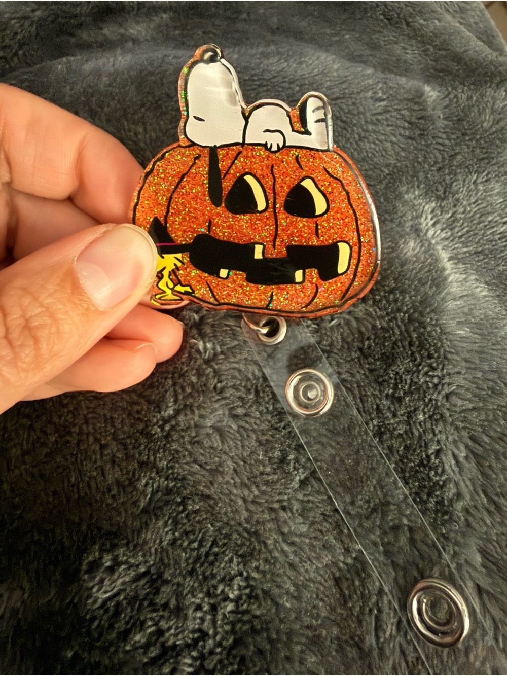 Snoopy Halloween Pumpkin Badge Reel with White Snoopy Accent